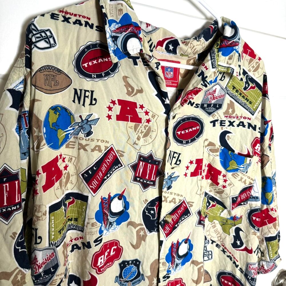 Vintage Houston Texans NFL Rayon Hawaiian Shirt XL All Over Print Camp Gameday